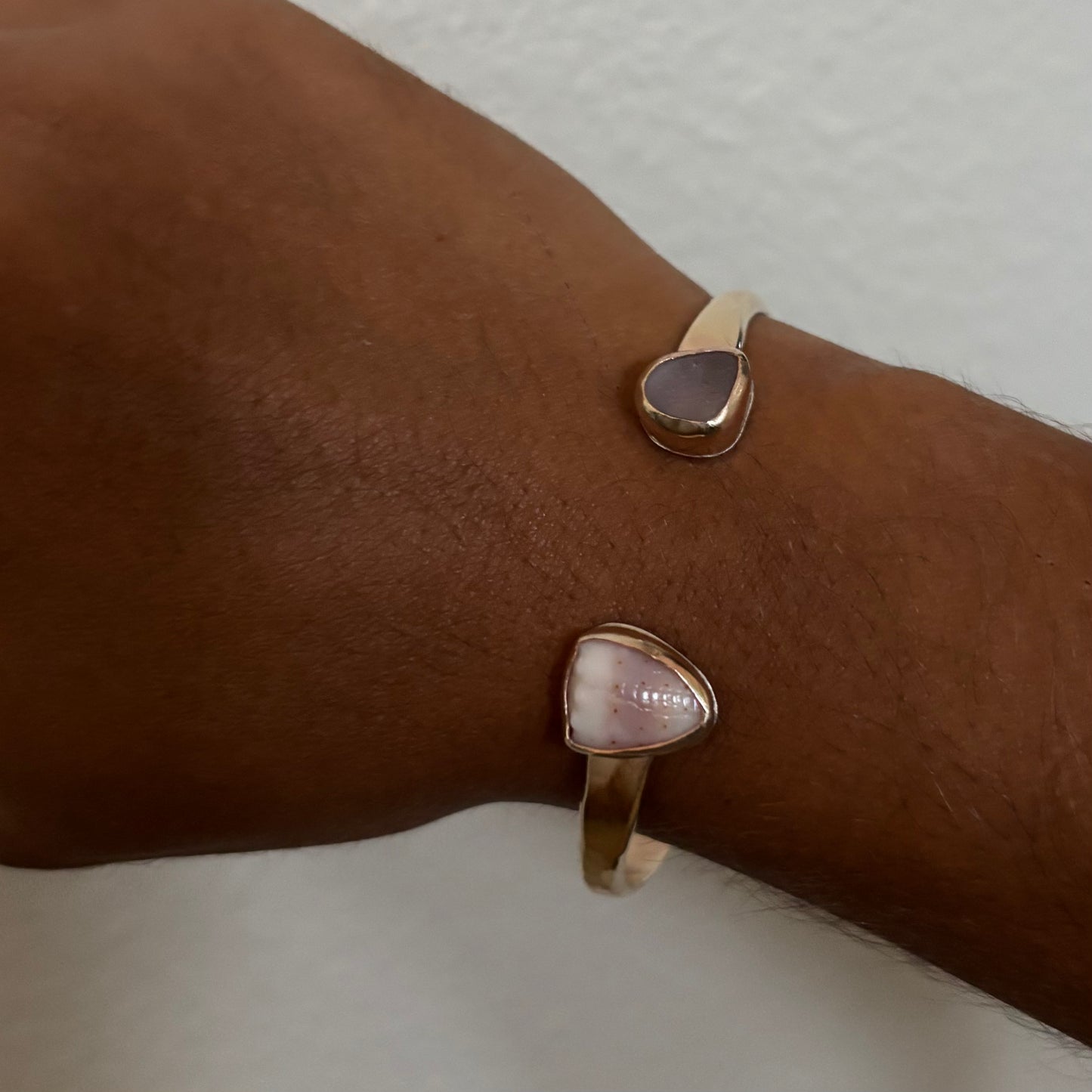 Abbreviated Cone Shell and Pink Seaglass Cuff - Gold Fill