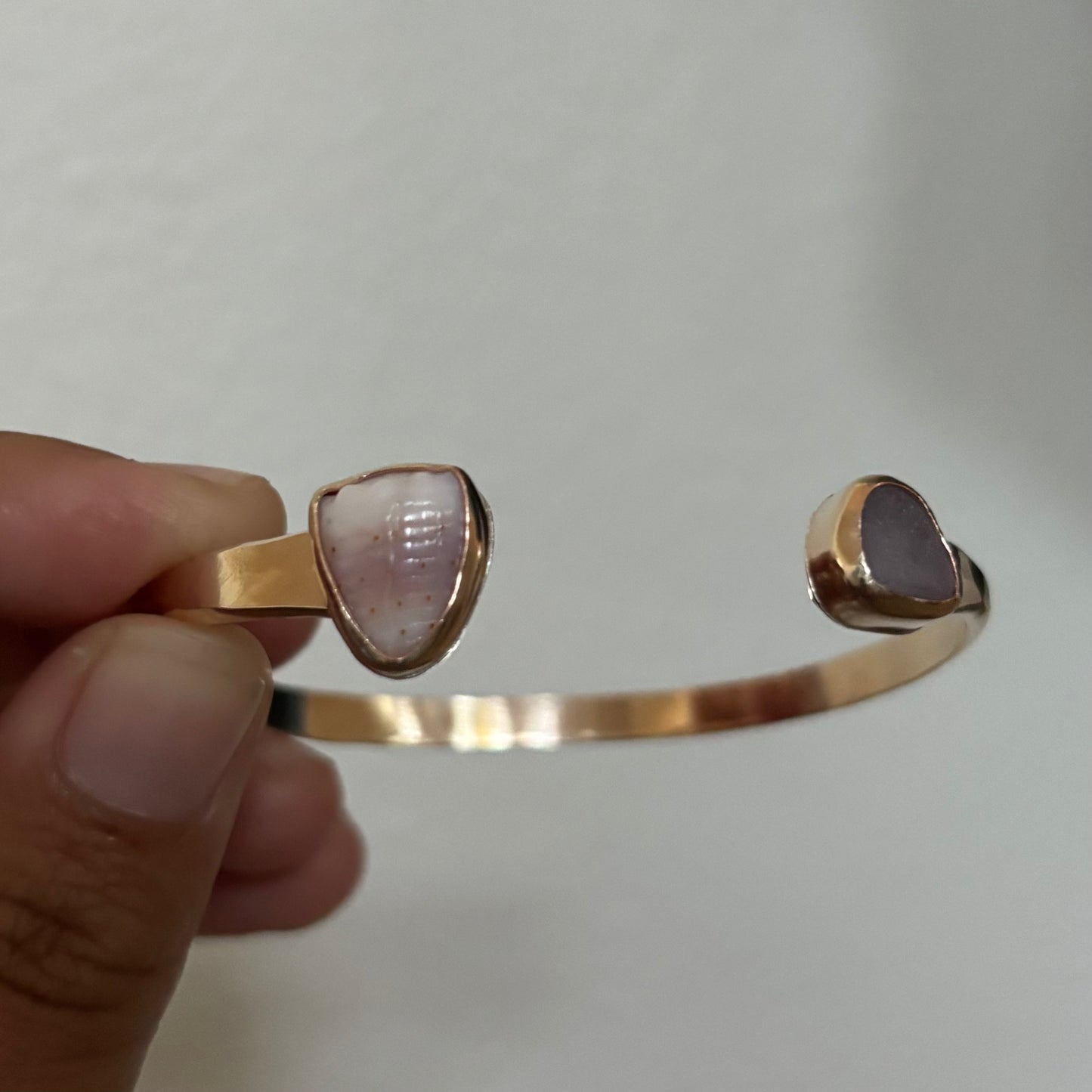 Abbreviated Cone Shell and Pink Seaglass Cuff - Gold Fill